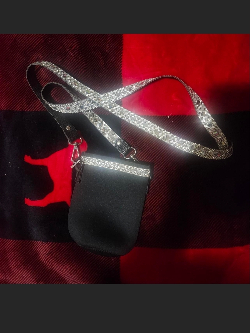 Black Crossbody Pouch with Silver Sparkle Strap